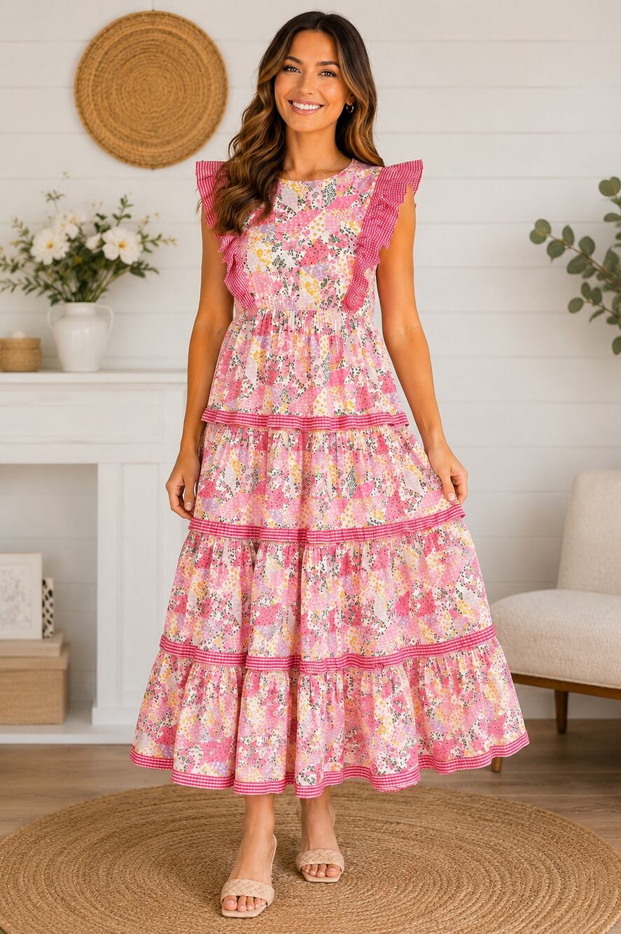 NWT Simply Southern Hailey Patchwork Floral Tiered Ruffle Maxi Dress S Cottage